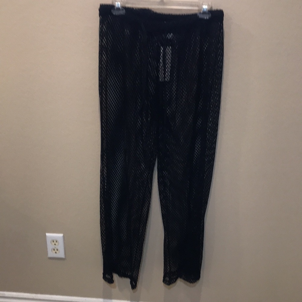 NWT Black Mesh Swimsuit Coverup Flare Leg Pants with Drawstring Front-L